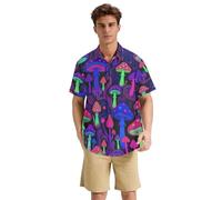 Yoogain Chemise boutonnée à manches courtes style rétro champignon coloré Y2K Vaporwave Décontracté Vacances Plage été S-3XL, Vaporwave Y2k Champignon coloré rétro, XXL