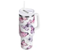 Yoogain Gobelet isotherme sous vide avec couvercle résistant aux fuites, motif papillon à encre rose, violet, 1200 ml, tasse à thé à large goulot avec couvercle, pour sport, garderie, camping et plus