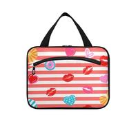 Yoogain Grande trousse de maquillage de voyage à suspendre avec crochet, sac de rasage portable pour homme pour adultes travail estuche para guardar maquillaje L, Rouge blanc rayé coeur lèvres été
