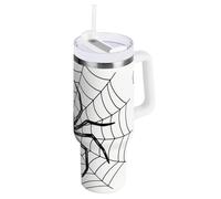 Yoogain Halloween Spider Web Star Gobelet sous vide noir et blanc avec couvercle étanche - Bouteille d'eau en acier inoxydable à large goulot - Tasse à café pour homme et femme - 1,2 l
