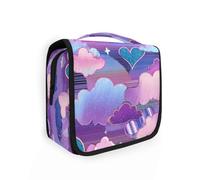 Yoogain Trousse de maquillage de voyage pour femme avec crochet de suspension, étanche, compartiments et poignée Motif cœurs et nuages Bleu Violet