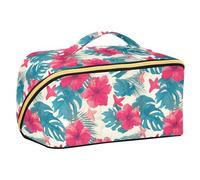 Yoogain Trousse de maquillage étanche avec compartiments Motif feuilles tropicales d'hibiscus rouges et étoiles de mer