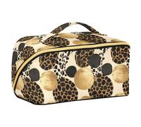 Yoogain Trousse de maquillage ronde avec compartiments et poignée Motif léopard Marron doré
