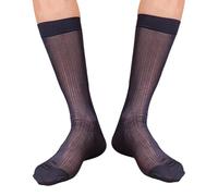 Yooghuge Chaussettes fines en soie pour homme - Transparentes - Longue robe d'affaires - Rayée brillante - Bas en soie à rayures brillantes, bleu marine, Taille unique