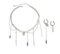 Yooghuge Ensemble de boucles d'oreilles et collier ras du cou vintage avec pendentif en forme de cœur et chaîne cubaine pour femmes et filles - Collier asymétrique réglable en forme de cœur, taille