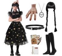 YOOHBERRYS Déguisement Mercredi pour Enfants, Costume de Mercredi Gothique avec Lumières, Costume Noir Princesse Fille avec Perruque, Mercredi Famille Hand, Bas, Collier pour Halloween (140)