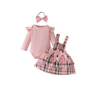 YOOJIA Combinaison Couleur Unie Bébé Nouveau - Né 3 Pcs Costume Robe Bretelles Côtelée Manches Longues Coiffe Cadeau d'anniversaire Bébé Photographie Fête 0-18 Mois Rose 9-12 Mois