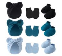 YOOJIA Ensemble Couleurs D'épeage Nouveau-né Côtelé Chapeau Gants 3 Costumes Bébé Garçon Ensemble Bébé Fille Couleur Unie Tenue Mignons 0-6 Mois Noir Bleu Paon Bleu Clair Taille unique
