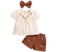 YOOJIA Ensemble Photographie Bébé Fille Blouse Imprimée Florale À Manches Courtes + Short + Coiffe Vêtements Vacances 6 Mois-4 Ans Café 2-3 Ans