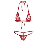 YOOJIA Femme Mini Bikini Maillots de Bain Sexy 2 Pièces Dentelle Florale Micro String Femme Brelette Halter & G-String Bikini Brésilien Bikini Micro Thong Tangas Ensembles Lingerie Rouge One Size