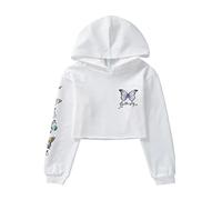 YOOJIA Sweatshirt Court à Manches Longues Enfant Fille Papillon Imprimée Crop Top Capuche Sweat Shirt Décontractée Ado Fille Pullover Top Blouse Streetwear Blanc 13-14 Ans