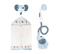 Yookidoo Coffret Douchette Éléphant et Cape de Bain Bébé, Bleu Nuage | Serviette à capuche et cintre inclus, trompe verseuse, 2 boutons de débit, cadeau naissance garçon, 0 à 2 ans