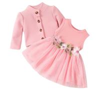 Yoolhamy Ensemble Robe et Cardigan pour bébé à Manches Longues en Coton Princesse Robe Tutu et Manteau (Sleeveless Pink, 9-12 Mois)