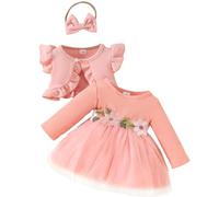 Yoolhamy Ensemble Robe et Cardigan pour bébé à Manches Longues en Coton Princesse Robe Tutu et Manteau (Long Sleeve Pink, 9-12 Mois)