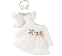 Yoolhamy Ensemble robe et cardigan pour bébé à manches longues en coton Princesse Robe Tutu et Manteau (Long Sleeve White, 12-18 mois)