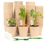 YOOSI Pots Biodégradables, 100 Pièces 8CM Pot de Semis de Plante, Godets de Rempotage Degradable+100Pcs Etiquette Plante+2Pcs Outils de Repiquage, pour Serre Jardin Potager Fleur Semis