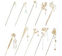 Yoosit Lot de 10 longues épingles à cheveux rétro en métal doré avec perles de jade pendantes, pampilles, pendentifs chinois, Hanfu asiatique, fleur, papillon, baguettes à cheveux pour femmes et