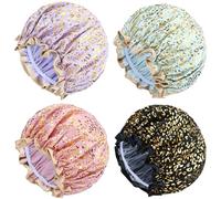 Yoosit Lot de 4 bonnets de douche en satin double couche imperméables réutilisables avec bonnets de bain réglables en EVA extensibles pour cheveux longs bouclés pour femmes et filles (lot de léopard)