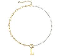 Yoosteel Collier délicat de perles initiales pour femme, collier à maillons trombones plaqué or 14 carats, collier à fermoir à bascule, bijoux en or pour femme, lettre L, métal, inconnu, Métal, Non