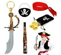 Yooyan Lot de 7 costumes de pirate pour enfant - Costume de pirate - Sabre + cache-œil avec tête de mort - Porte-monnaie - Boucles d'oreilles - Bandana de pirate - Jumelles de pirate - Pour Noël