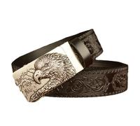 YOPADO Ceinture À Cliquet en Cuir Embossé avec Argent Tête d'aigle Sculpture Motif Western Animal Boucle Coulissante Automatique Réglable Ceinturon pour Hommes(120cm/waist:41", Black)