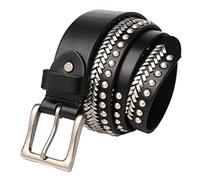 YOPADO Ceintures Cloutées en Métal Argenté en Forme De Blé Et Rivet Rond en Cuir De Vachette 105-125cm De Longueur pour Femmes Et Hommes(125cm/waist:42"~44", Black)