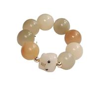 YOPI Bague en perles de bouddha en jade blanc naturel, racine de Bodhi, ornement suspendu au charbon de bois et pompon de fleur torsadé(Duobaolittletiger)