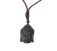 YOPI Collier Pendentif tête de Bouddha en Obsidienne Naturelle, chaîne de Pull en Cristal géométrique