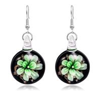 YOPI Elegant Black Bottom Glass Flower Round Pendant Earrings for Women(Green)