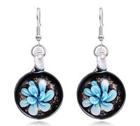 YOPI Elegant Black Bottom Glass Flower Round Pendant Earrings for Women(Sky Blue)