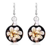 YOPI Elegant Black Bottom Glass Flower Round Pendant Earrings for Women(Yellow)