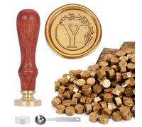 Yoption Kit de cachet de cire avec lettre de l'alphabet Y vintage avec tampon couronne et 120 perles de cire dorées antiques pour invitation de mariage, emballage cadeau de Noël