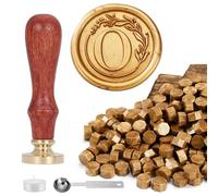 Yoption Kit de sceau de cire - Lettre de l'alphabet O vintage - Tampon à cacheter en forme de couronne et 120 perles de cire dorées antiques