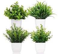 Yoratee Lot de 4 petits pots de fleurs artificiels en plastique - Eucalyptus - Herbe de blé, arbuste, plante d'intérieur, bureau, table basse, salle de bain, chambre à coucher, décoration d'intérieur
