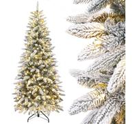 Yorbay 210cm Arbre de Noël artificiel Slim avec éclairage LED Sapin pour décoration de Noël, flocon de neige, Étroit, Blanc