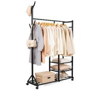 Yorbay 4 en 1 Portant Penderie à Vêtements en Bambou, avec Porte-Manteau sur Le Côté Design Arbre avec des Crochets, 3 Etagères de Rangement, avec Roues Universels (Nero)