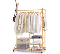 Yorbay 4 en 1 Portant Penderie à Vêtements en Bambou, avec Porte-Manteau sur Le Côté Design Arbre avec des Crochets, 3 Etagères de Rangement, avec Roues Universels (Bambù)