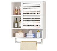 Yorbay Armoire murale en bambou Armoire de salle de bain suspendue Armoire à pharmacie avec porte-serviettes et étagère ouverte, blanc