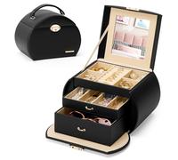 Yorbay Boîte à bijoux à 3 niveaux, verrouillable avec miroir, boîte à bijoux série Seelux pour colliers, montres, bagues, bracelets, boucles d'oreilles (Noir + Or)