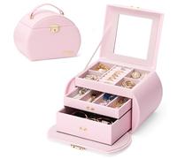Yorbay Boîte à bijoux à 3 niveaux, verrouillable avec miroir, boîte à bijoux série Seelux pour colliers, montres, bagues, bracelets, boucles d'oreilles (Rose clair + Or)