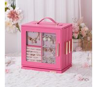 Yorbay Boîte à bijoux pivotante à 360° avec 7 tiroirs, fenêtre, miroir, boîte à bijoux Boîte à bijoux, rose