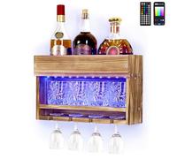 Yorbay Casier à Bouteilles avec Lumière LED, Étagère à Vin Mural en Bois Flammé avec 4 Trous de Suspension, Bar Mural pour Verres à Vin, Verres à Whisky, Bar à Domicile, Vintage, Cadeau