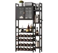 Yorbay Casier à vin Support libre au sol noir avec portes vitrées - Présentoir à 4 niveaux pour bouteilles de vin avec étagères latérales & rangement pour le verre