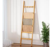 YORBAY Echelle à serviettes Porte-serviettes en bambou 4 crochets et 2 sangles de sécurité, 43x170 cm, pour salle de bain, salon