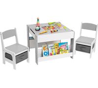 YORBAY Ensemble de salon pour enfants Table pour enfants avec 2 chaises, Table à dessin avec tableau à craies, Ensemble de salon pour enfants avec espace de rangement, 3pcs, blanc +gris