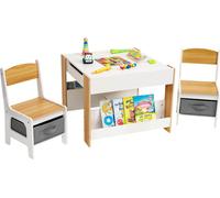 YORBAY Ensemble de table pour enfants Table pour enfants avec 2 chaises, Table à dessin avec tableau à craie, Ensemble de table pour enfants avec espace de rangement, 3 pièces, blanc + couleur bois
