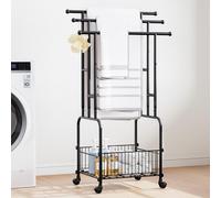 YORBAY Escabeau porte-serviettes Porte-serviettes salle de bain avec 3 barres, roulettes, métal, panier de rangement