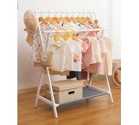 Yorbay Étagère à vêtements pour enfants Porte-manteau à deux barres en bambou portable avec étagère inférieure en tissu Oxford,Blanc + Gris