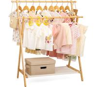 Yorbay Étagère à vêtements pour enfants Porte-manteau à deux barres en bambou portable avec étagère inférieure en tissu Oxford ,naturel+blanc