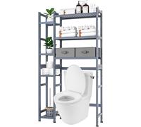 Yorbay Étagère de toilette avec 2 paniers, Étagère de salle de bain Étagère de salle de bain，Bambou WC, Étagère de salle de bain réglable à 3 niveaux avec coussinet de pied étanche,Gris